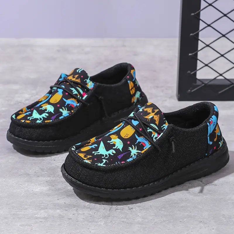 Mocassins garçon noirs imprimé dinosaures colorés – Chaussures sans lacets confortables et légères