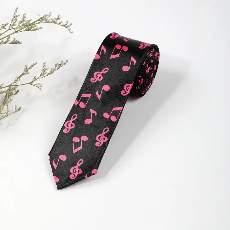 Cravate noire homme à motifs notes de musique roses – Accessoire élégant pour musiciens et soirées habillées