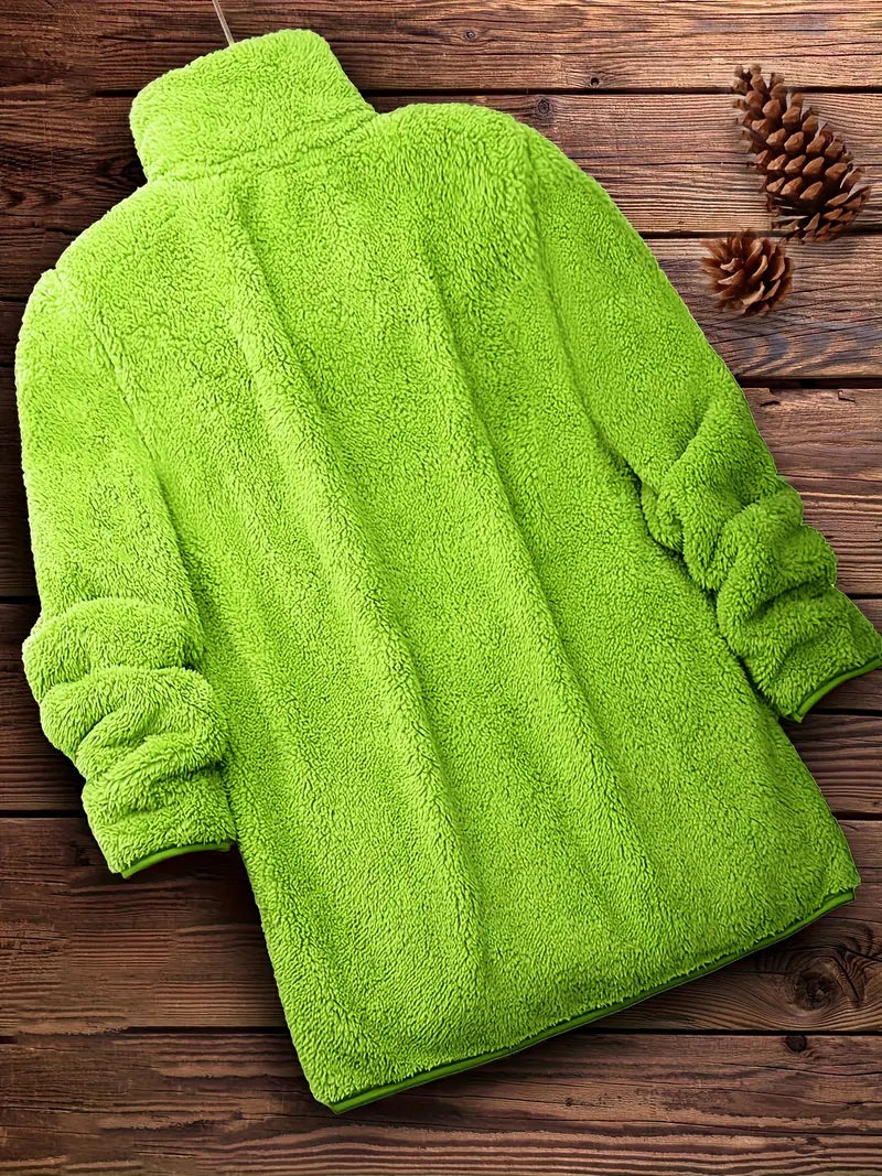Veste Polaire Femme Hiver à Zip – Molleton Chaud Effet Mouton Vert Fluo, Douce et Confortable