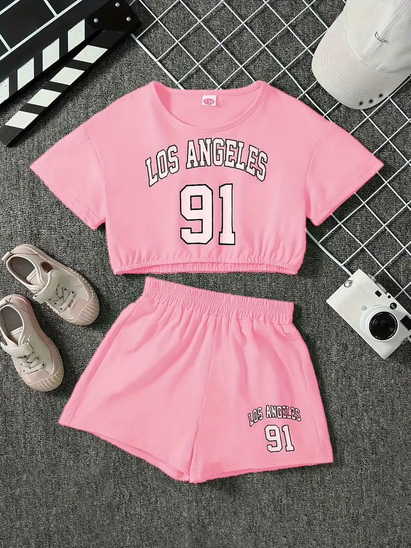 Chemise fille jaune style crop top avec imprimé Los Angeles – tenue sport et tendance