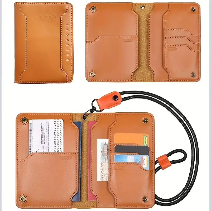Protège-passeport en cuir marron  Étui voyage multifonction avec porte-cartes et cordon de sécurité