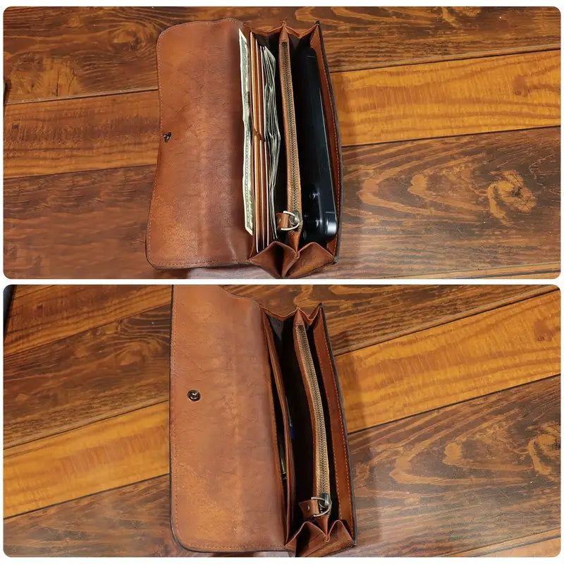 Portefeuille femme en cuir marron – Design élégant avec clous décoratifs