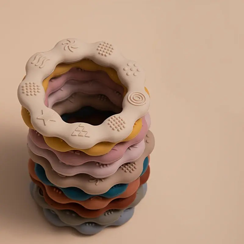 Anneaux sensoriels bébé en silicone – Jouets d’éveil colorés à textures variées pour motricité et dentition