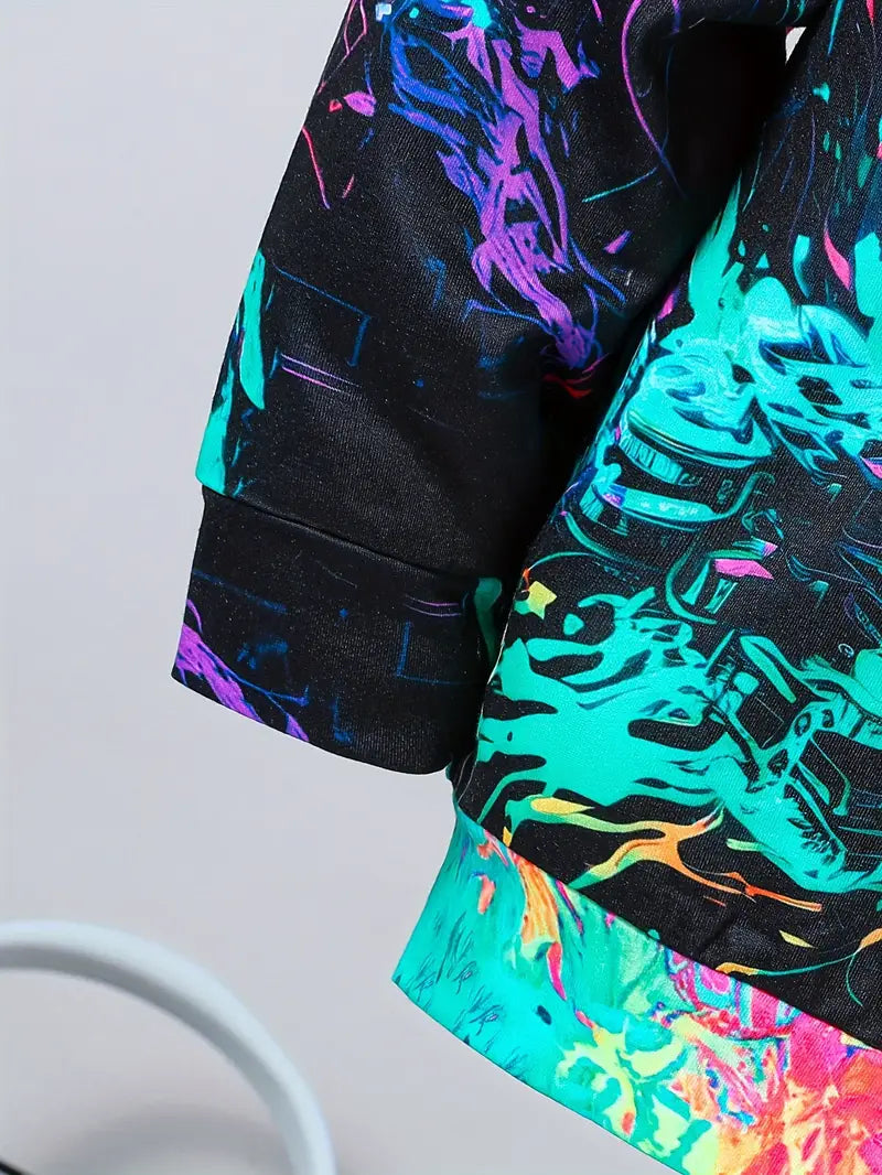 Ensemble Garçon Streetwear Coloré – Sweat à Capuche et Pantalon Motif Peinture Fluo