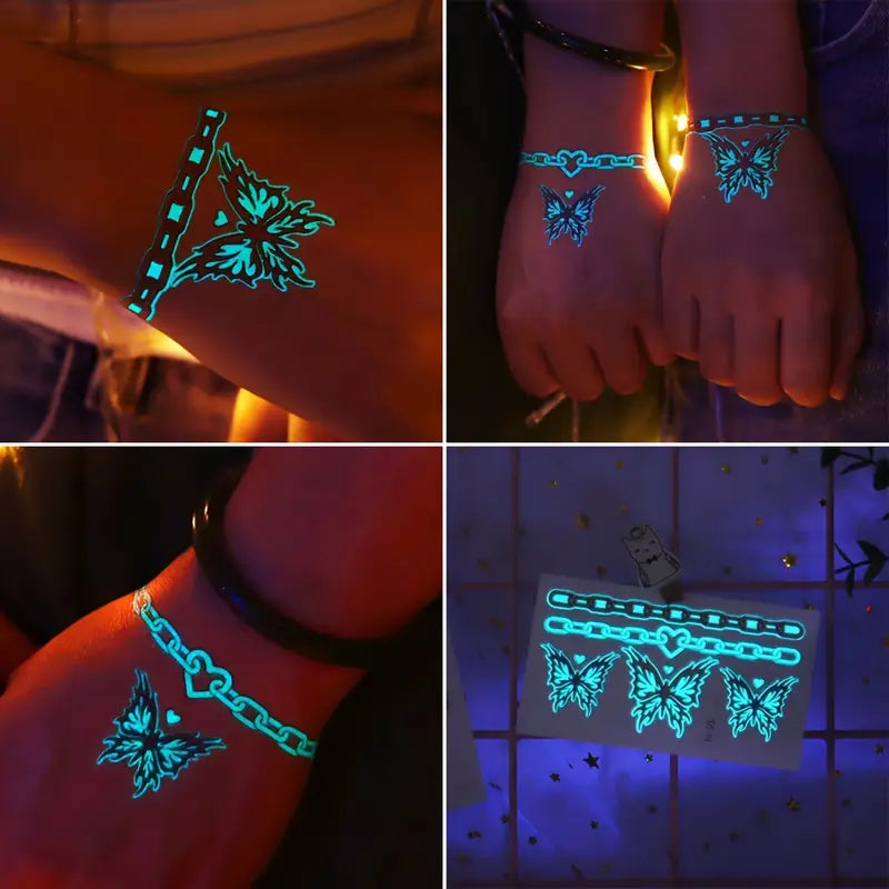 Tatouages Éphémères Papillons Jour & Nuit – 12 Feuilles Fluorescentes et Colorées pour Peau, Bras et Dos