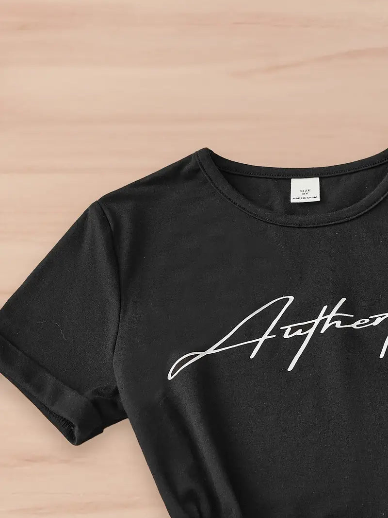 Chemise fille noire à inscription Authentic – t-shirt tendance avec short rose et ceinture Love