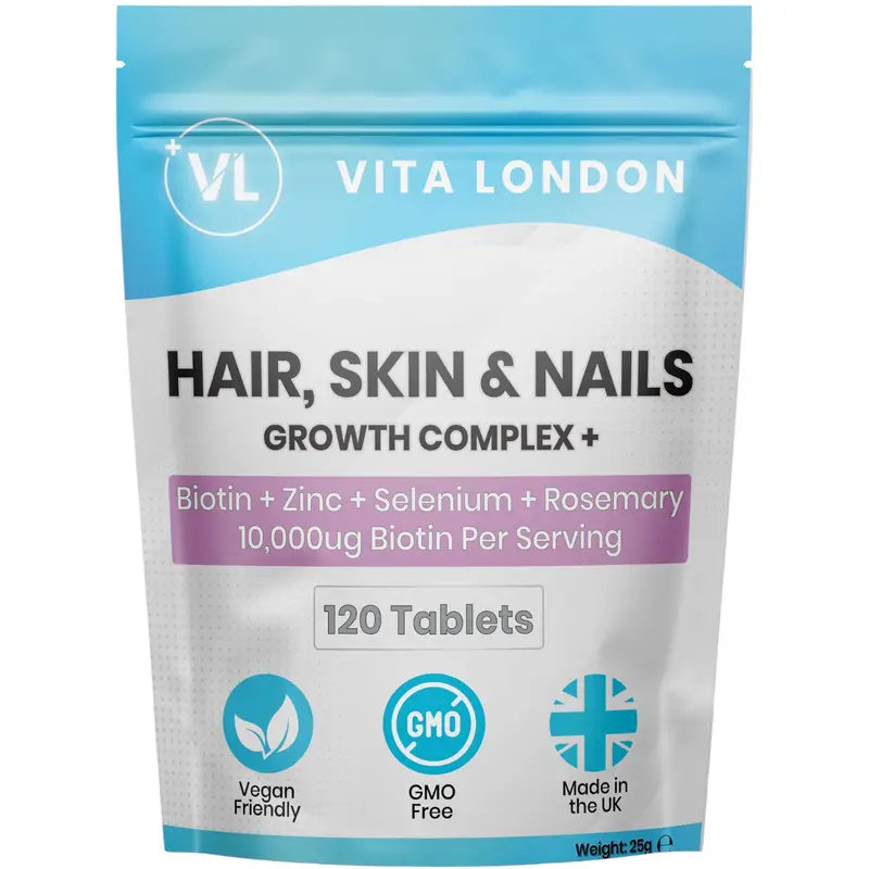 Complément Cheveux, Peau & Ongles – 120 Comprimés | Biotine 10 000 µg, Zinc, Sélénium & Romarin | Croissance, Éclat & Renforcement – Vegan & Sans OGM