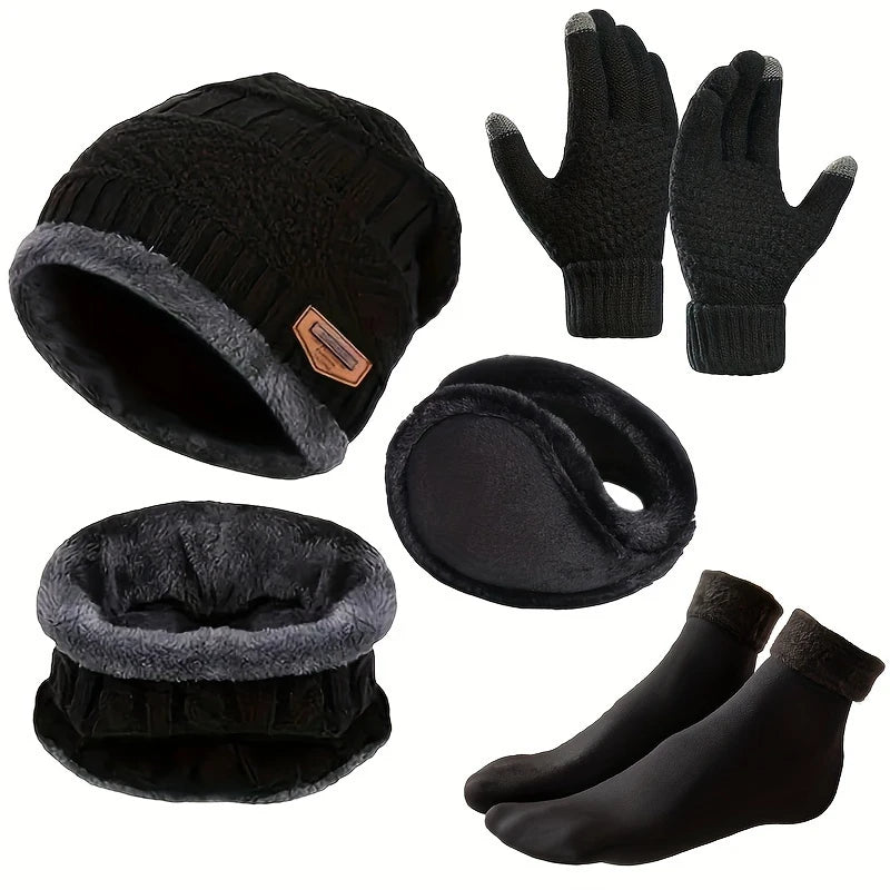 Coffret Hiver Homme 5 Pièces – Bonnet, Gants Tactiles, Cache-Oreilles, Tour de Cou et Chaussettes Chaudes en Polaire