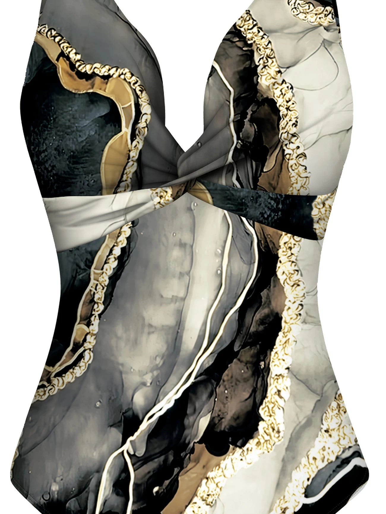 Ensemble de Plage Femme – Maillot de Bain Élégant avec Jupe Pareo Imprimé Marbre Noir, Blanc et Or