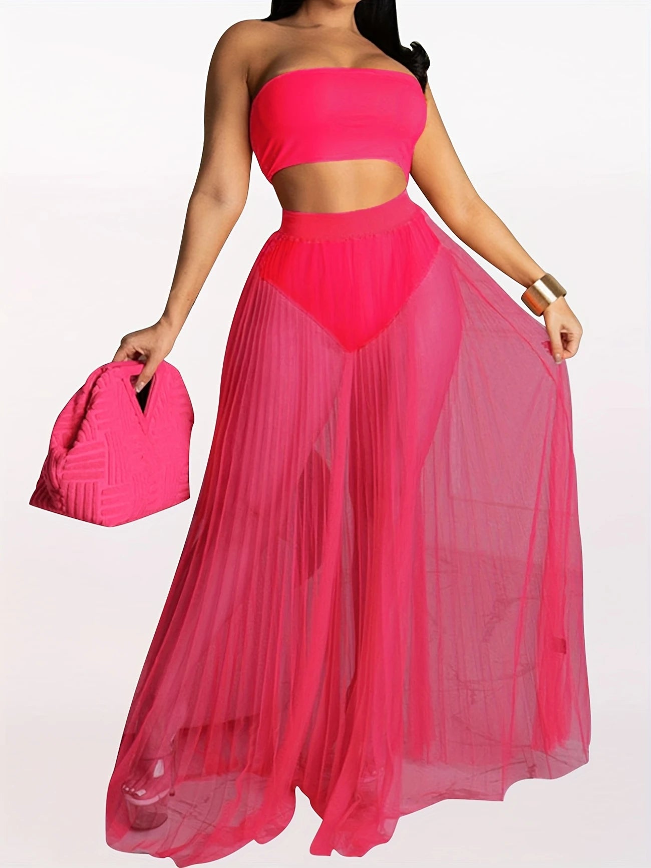 Ensemble Plage 2 Pièces – Haut Bandeau et Jupe Longue Transparente Plissée