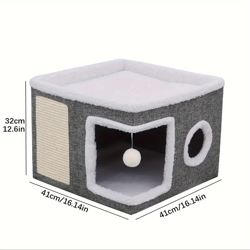 Cube Lit pour Chat avec Griffoir et Jouet Suspendu – Maison 2 Niveaux Confort et Jeu