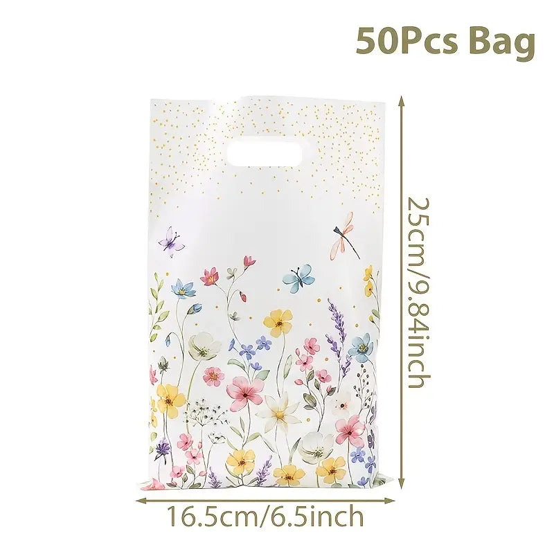 Sachets Cadeaux Fleuris avec Poignée – Lot de 10 Sacs en Plastique 25x16,5 cm pour Mariage, Anniversaire ou Fête
