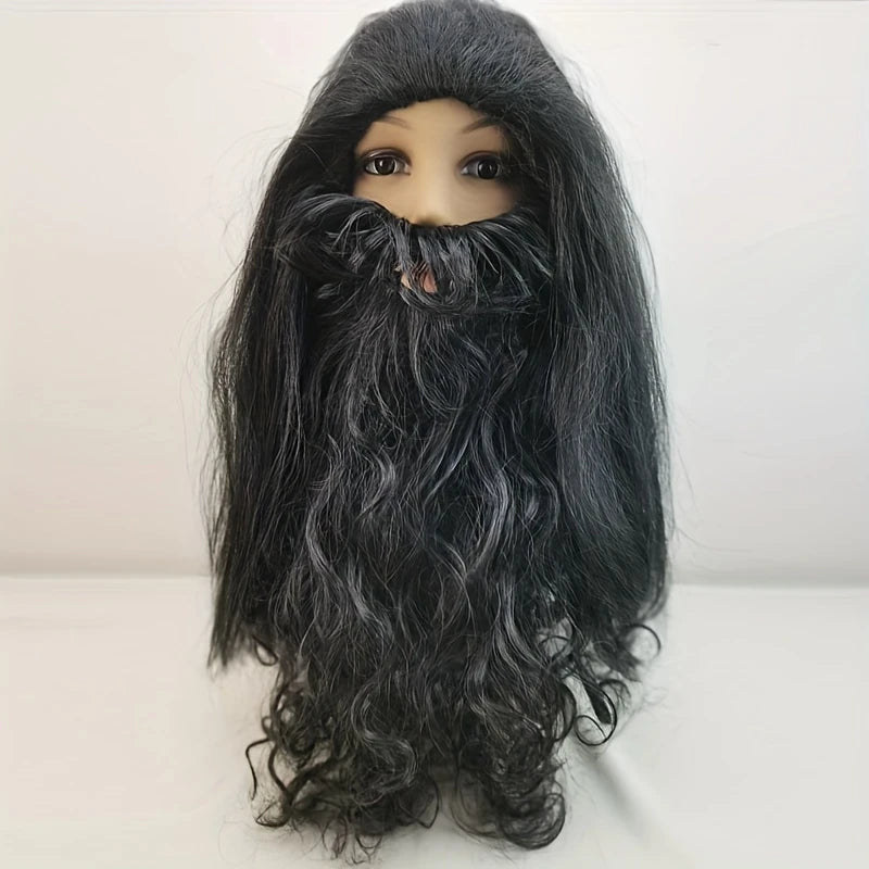 Perruque Longue Noire avec Barbe et Moustache – Déguisement Homme Viking, Rocker ou Père Noël Mystérieux