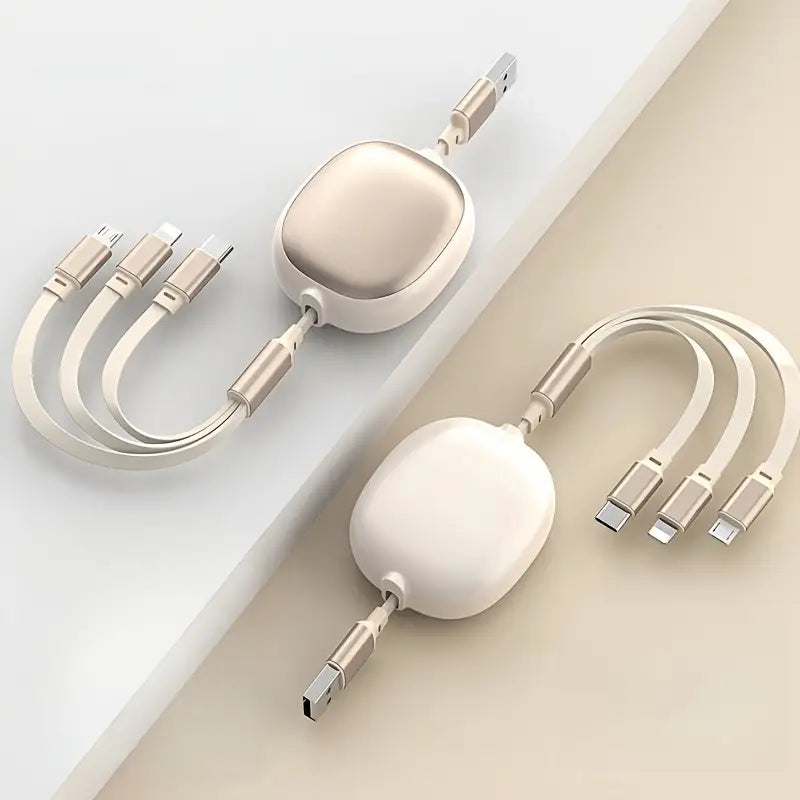 Câble de Charge 4-en-1 Universel Rétractable – USB vers Type-C, Micro USB et Lightning – Design Compact et Élégant