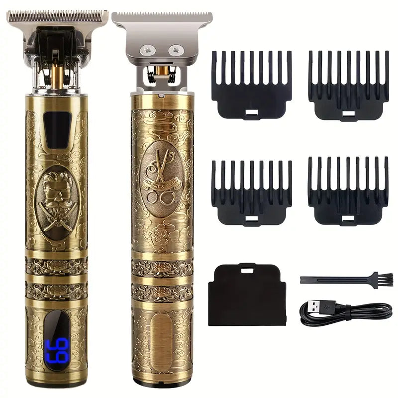 Tondeuse à Cheveux Professionnelle Vintage – Rechargeable USB, Écran LED, 4 Sabots, Idéale pour Dégradés et Barbe