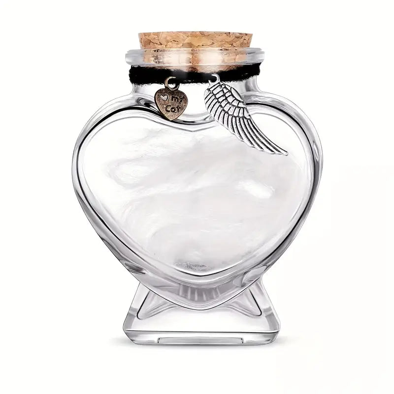 Bouteille Souvenir en Verre en Forme de Cœur – Urne Commémorative pour Poils ou Cendres d’Animal – Pendentifs Aile & 'My Cat