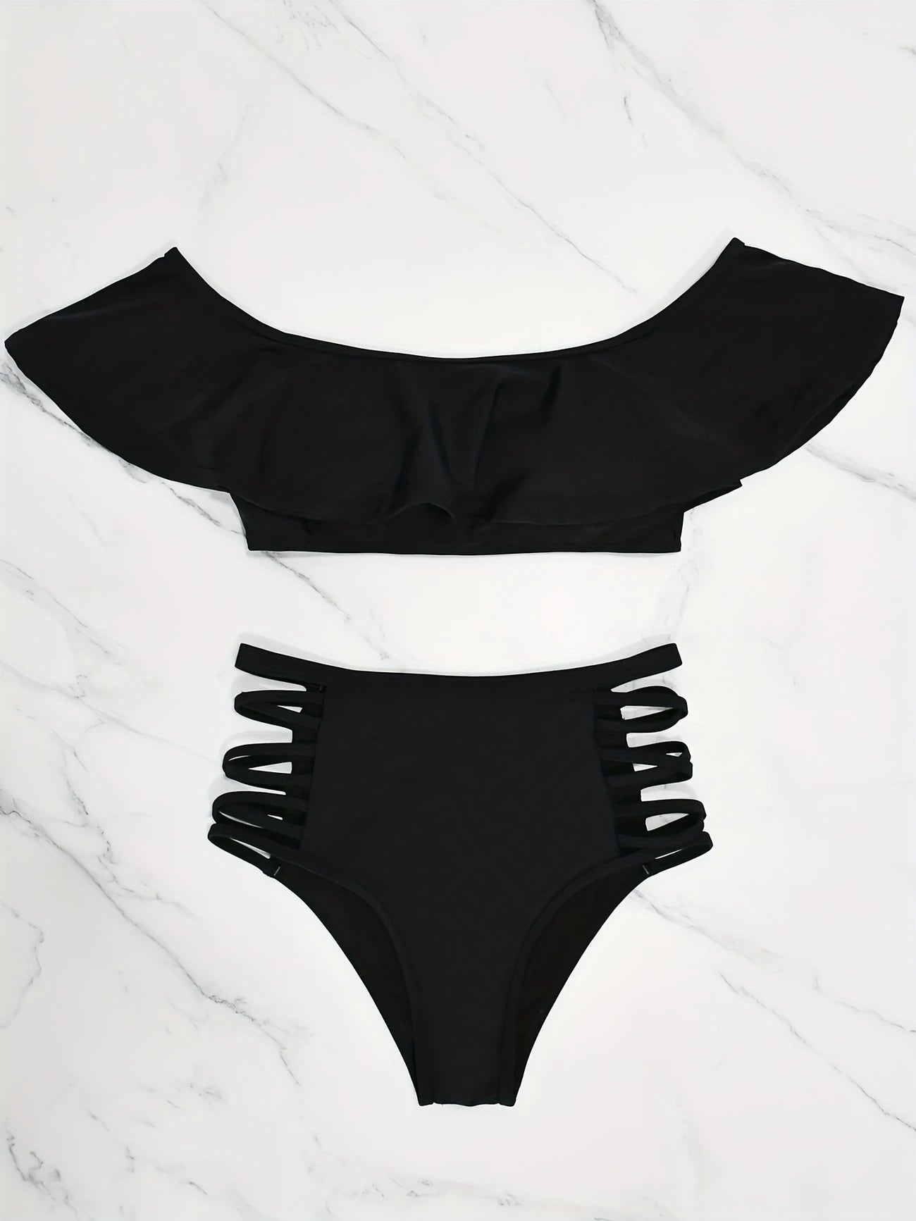 Ensemble Maillot de Bain Femme à Volants – Haut Épaules Dénudées & Culotte Taille Haute à Lanières