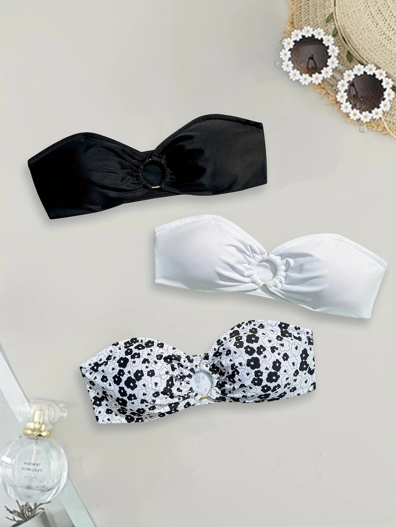 Haut de Bikini Femme Bandeau – Lot de 3 avec Anneau Central, Uni & Fleuri, Sans Bretelles