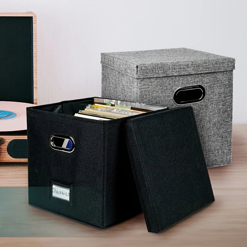 Boîte de Rangement Tissu pour CD et Vinyles – Coffre Pliable avec Poignées & Étiquette