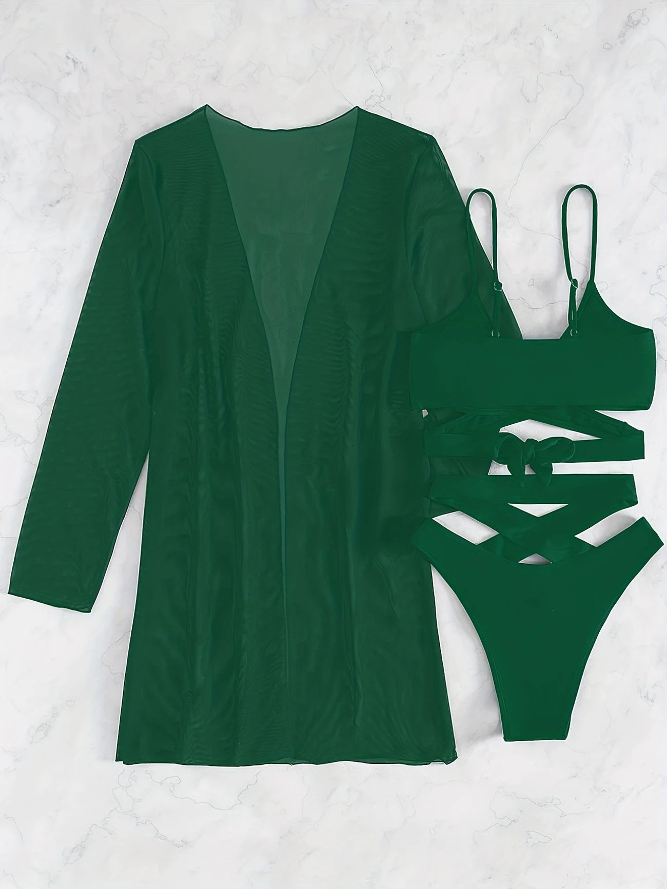 Ensemble de plage 3 pièces vert émeraude – Maillot à découpes + kimono fluide