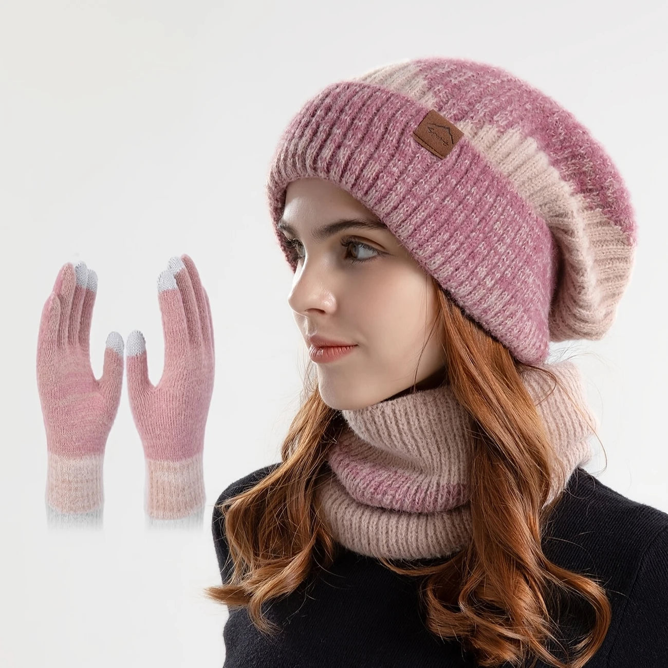 Ensemble Hiver Femme 2/3 Pièces – Bonnet, Tour de Cou et Gants Tactiles Chauds en Laine Tricotée