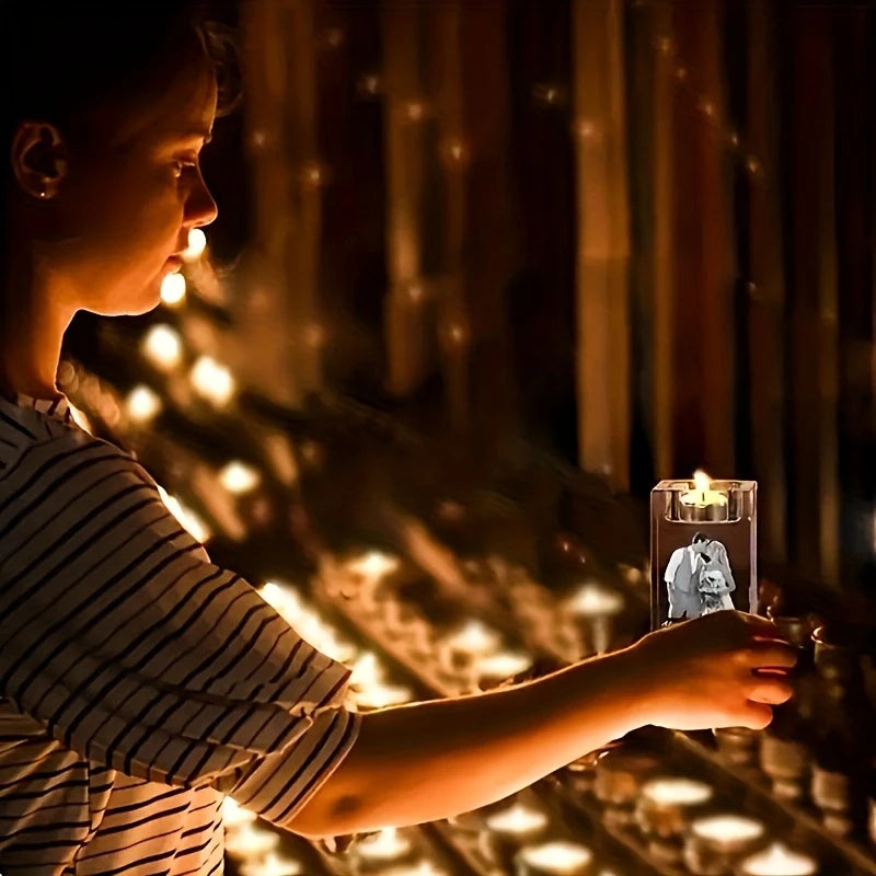Photophore en cristal personnalisé avec photo gravée 3D – Cadeau souvenir unique et émouvant