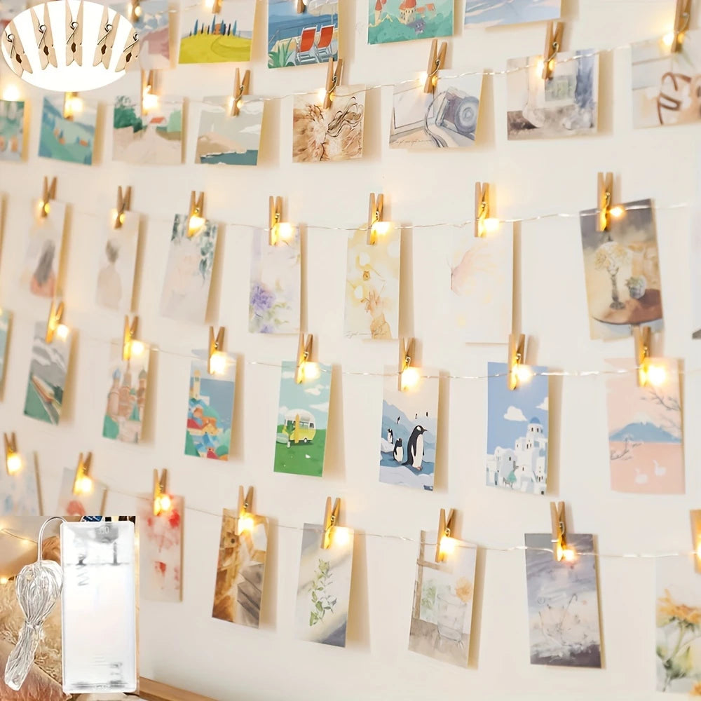 Guirlande lumineuse à pinces bois – Décoration murale photo chaleureuse et naturelle