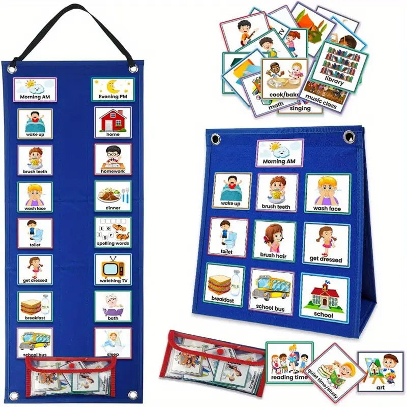 Planning Visuel pour Enfants – Tableau de Routine Quotidienne avec Pochettes et Cartes Illustrées – Outil Montessori pour l’Apprentissage de l’Autonomie