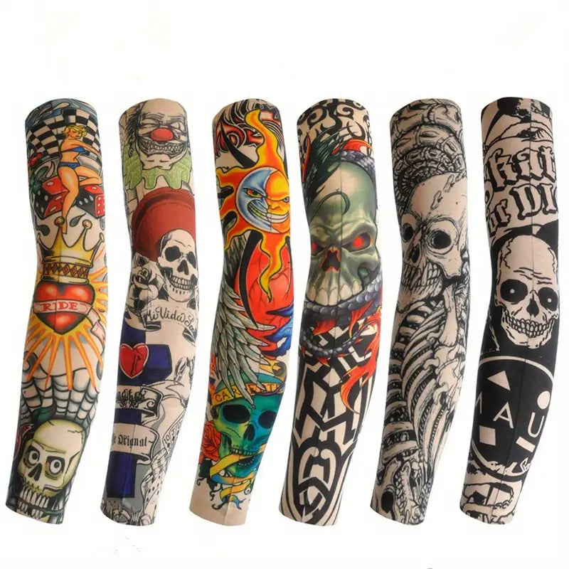Manchons Tatouage Temporaires – Lot de 6 Manches Effet Tattoo Réaliste | Élastiques, Respirants & Réutilisables – Style Tribal, Crâne, Motifs Noirs
