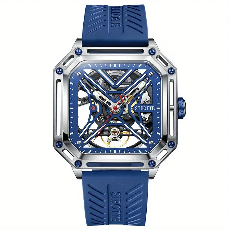 Montre homme squelette automatique – Design carré sport en acier inoxydable et bracelet silicone bleu
