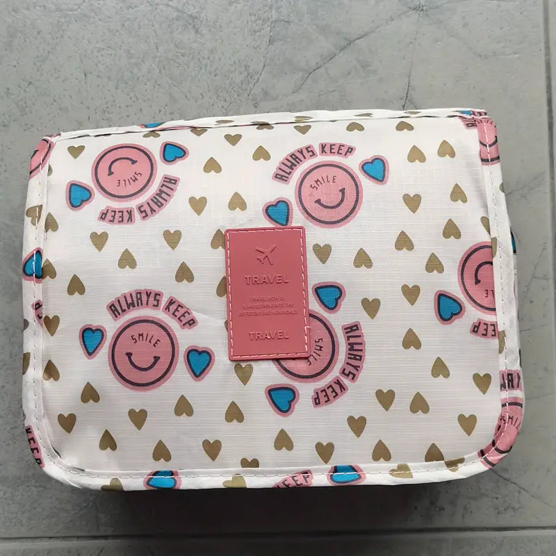 Trousse de maquillage voyage motifs smiley et cœurs Pochette cosmétique imperméable et joyeuse