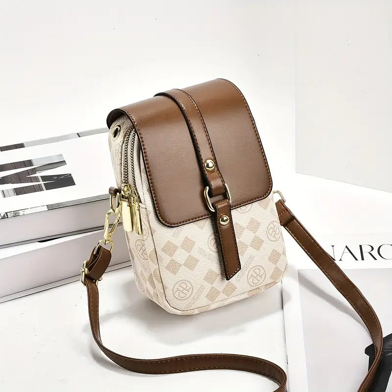 Sac Porté Épaule Femme Marron à Motif Carreaux avec Rabat et Bandoulière – Élégant et Pratique