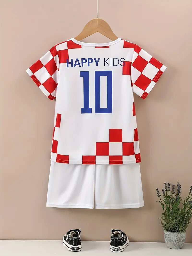 Ensemble Football Enfant – Maillot et Short de Sport Blanc à Carreaux Rouges