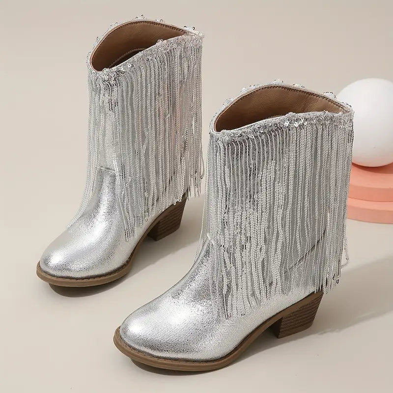 Bottes fille argentées à franges et paillettes – Style western chic
