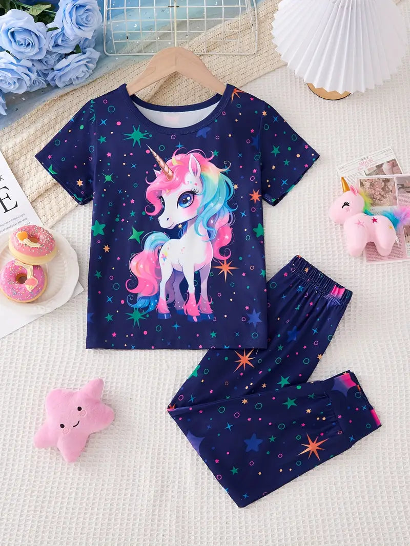 Ensemble fille licorne 2 pièces – T-shirt et pantalon bleu nuit imprimé étoiles