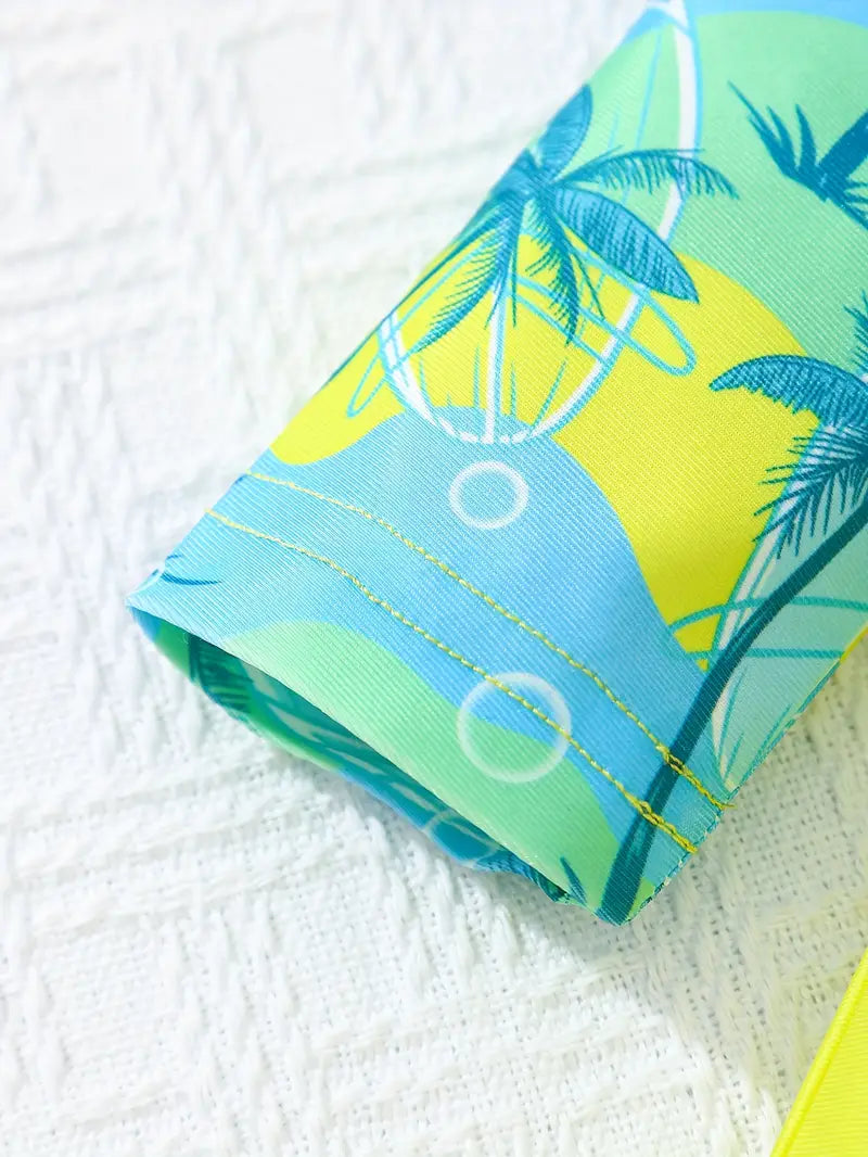 Maillot de bain garçon une pièce anti-UV manches longues – Combinaison de plage jaune et bleue avec imprimé palmier