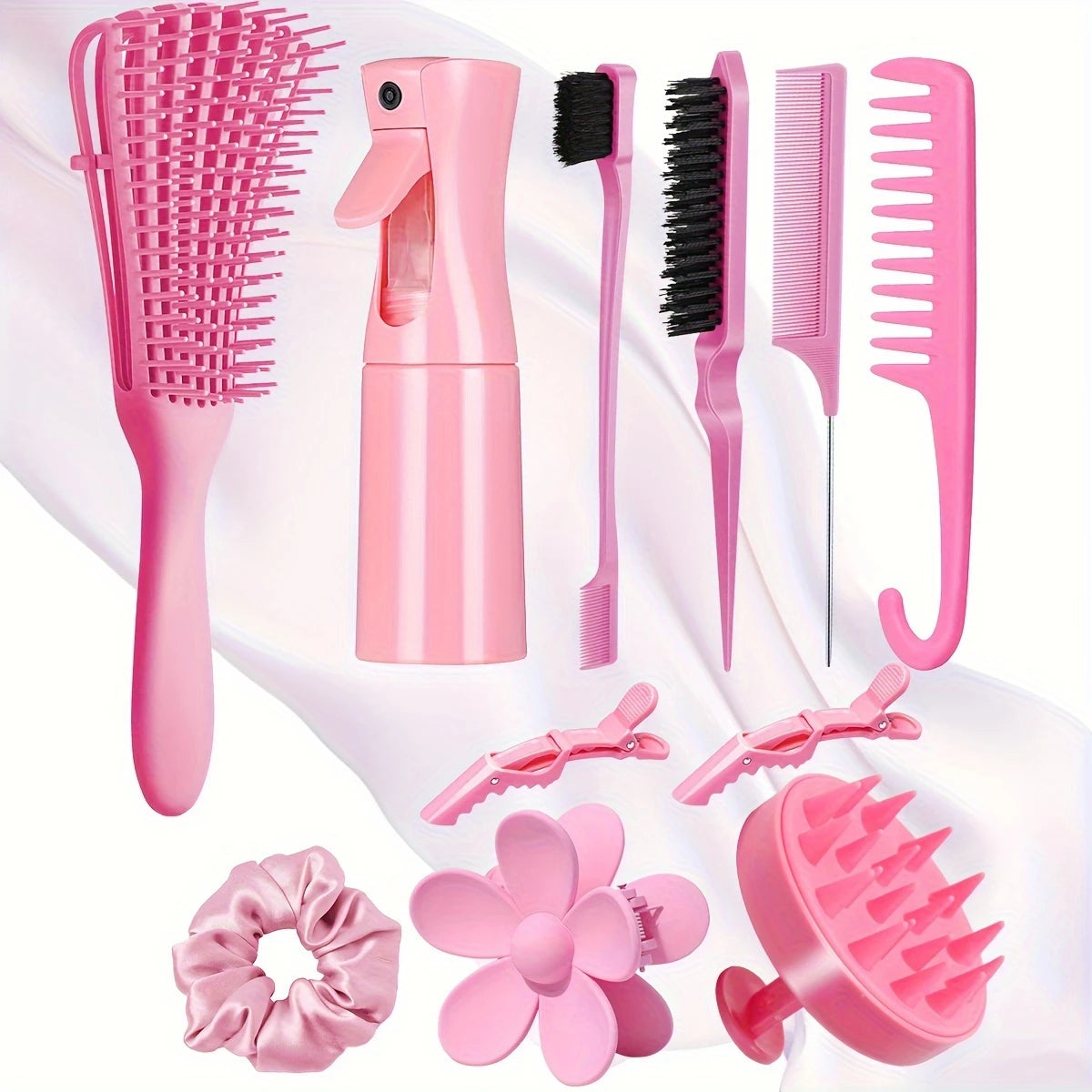 Kit Accessoires Cheveux 11-en-1 – Brosses, Peignes, Vaporisateur, Clips & Massage Cuir Chevelu
