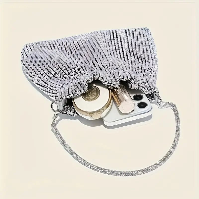 Pochette de soirée femme argentée – Sac chic à strass et bandoulière chaîne