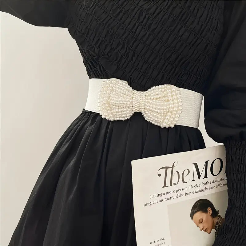 Ceinture Femme Élastique avec Nœud en Perles – Accessoire Chic et Élégant pour Robe et Manteau