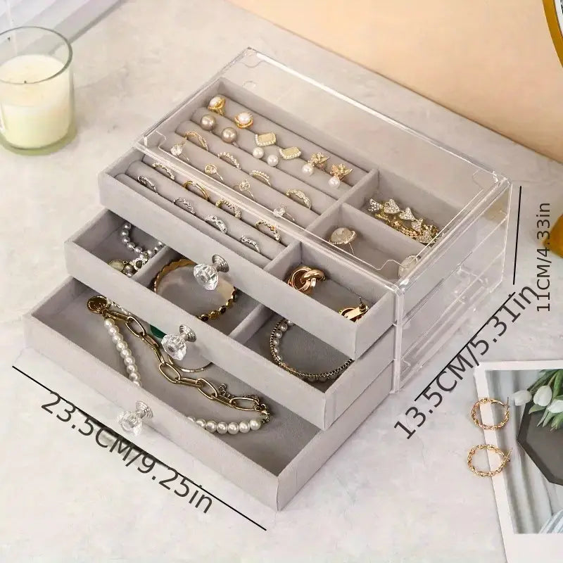 Boîte à bijoux en verre et velours à 3 tiroirs – Organisateur élégant pour bagues, colliers, boucles d’oreilles et bracelets
