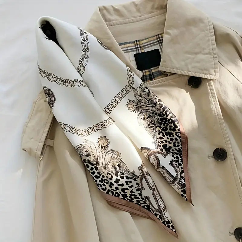 Foulard carré femme soie imprimé chaînes et léopard – Écharpe élégante et chic