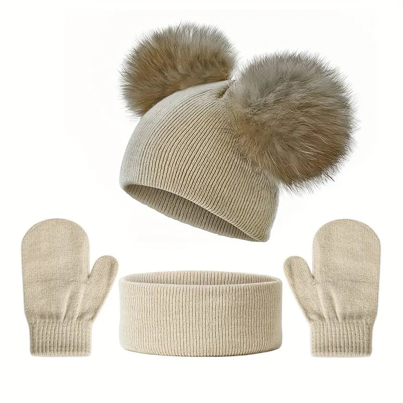 Ensemble Hiver Enfant – Bonnet Pompon Oreilles, Écharpe et Moufles Chaudes