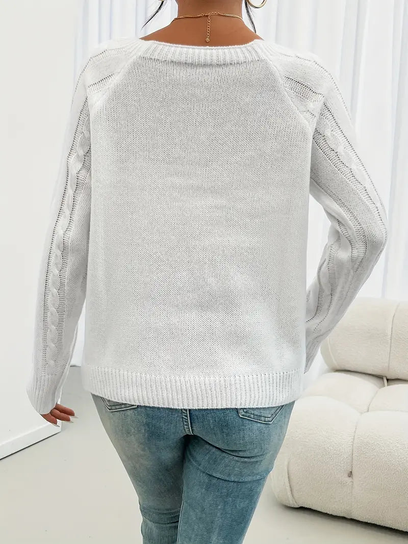 Pull Femme Hiver Maille Torsadée avec Boutons Décoratifs – Col Rond et Coupe Confortable