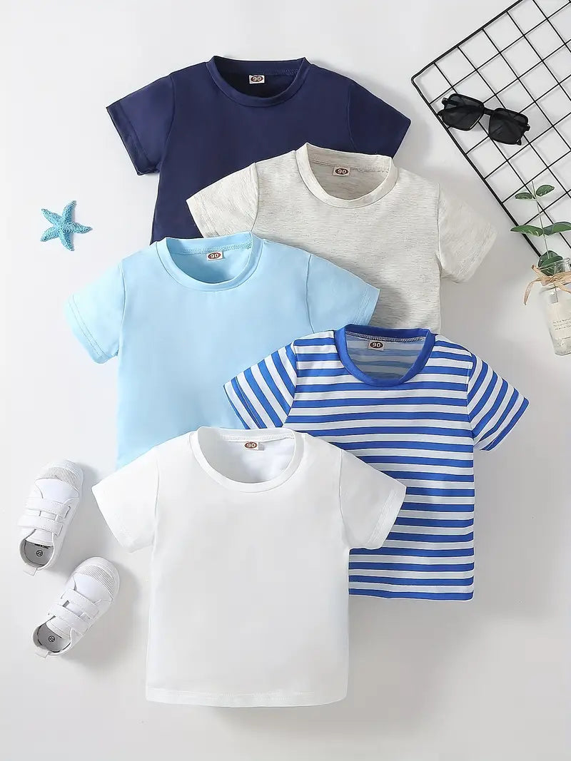 Lot de 5 t-shirts garçon basiques – Hauts unis et rayé coton respirant