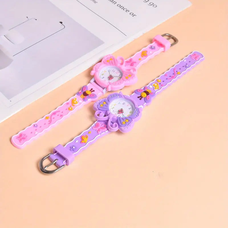 Montre Enfant Papillon Rose et Violet – Bracelet Silicone Coloré avec Motifs Fleurs et Abeilles