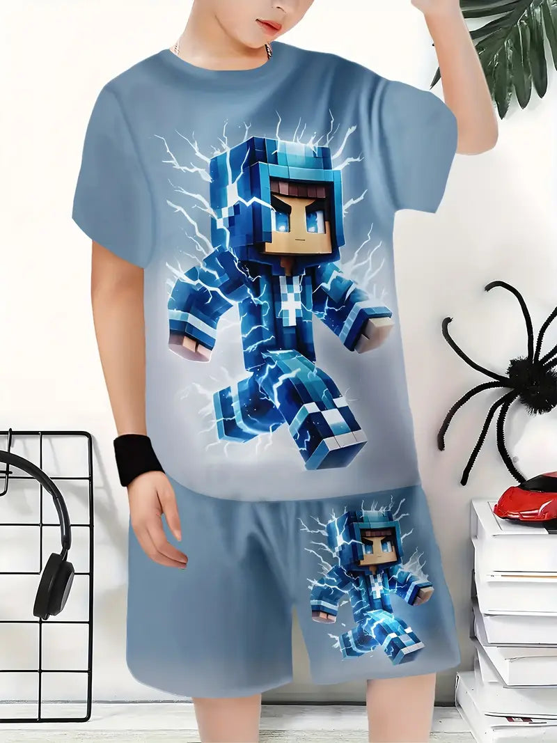 Ensemble garçon été bleu avec chemise imprimé héros pixel – T-shirt et short confortables