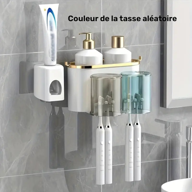Organisateur Mural Salle de Bain avec Gobelets et Porte-Brosses – Support Multifonction avec Distributeur Dentifrice