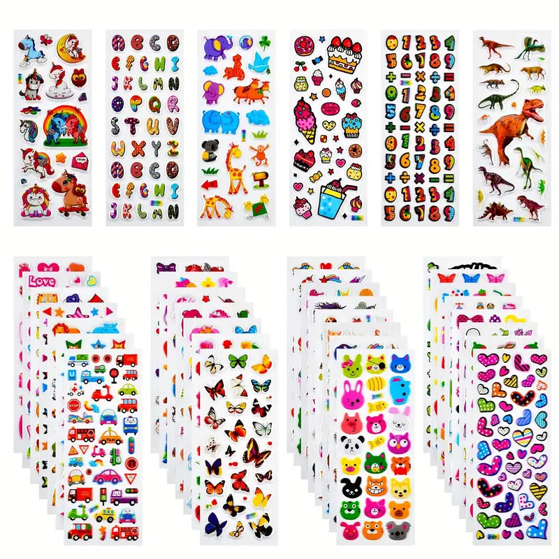 Planchettes d’Autocollants 3D Mignons – Stickers Enfants Thèmes Animaux, Fruits, Véhicules et Cœurs