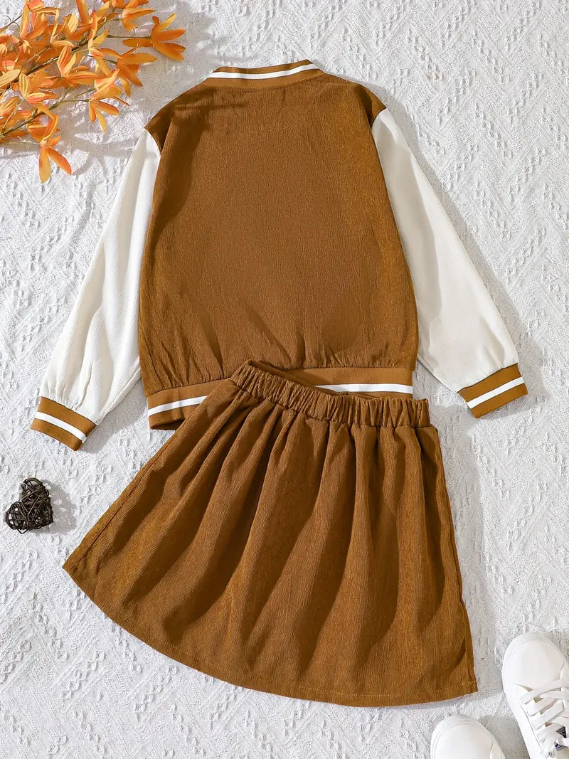 Ensemble fille automne 2 pièces – Veste bicolore et jupe marron chic