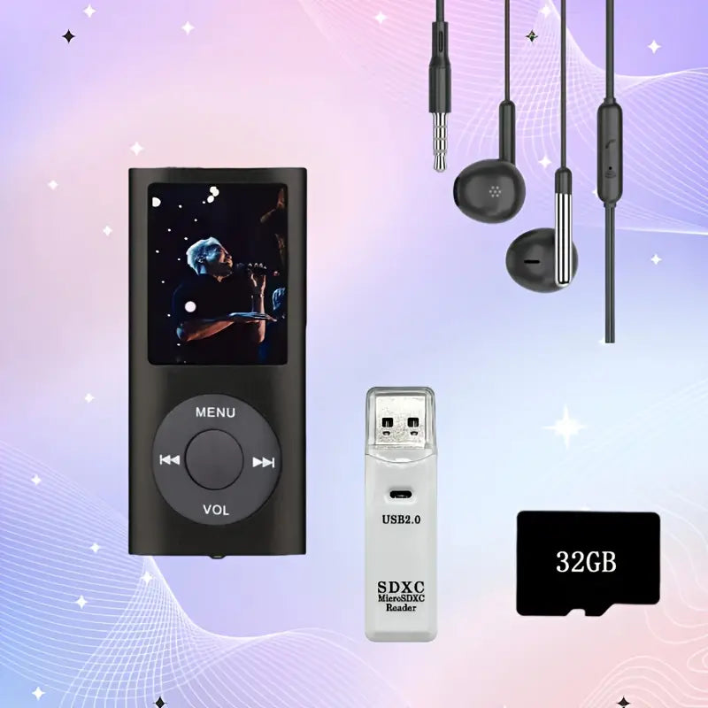 Lecteur MP3 Portable avec Écouteurs Filaire + Carte Mémoire  et Adaptateur USB – Musique Haute Qualité